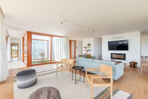 Smart TV, lareira, livros, aparelho de som