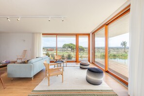 Smart TV, lareira, livros, aparelho de som