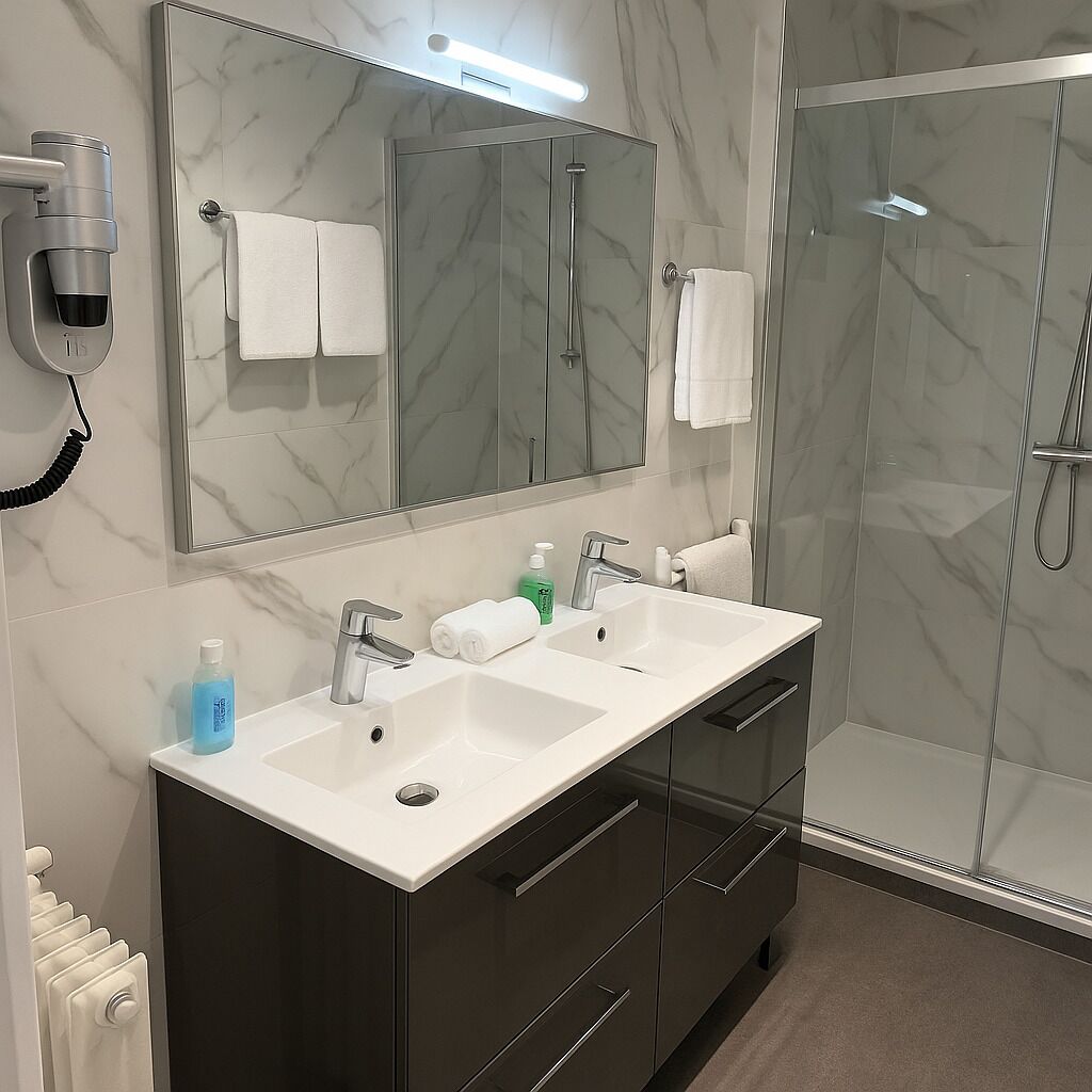 A modern bathroom with a double sink vanity, a large mirror, a glass shower enclosure, and a hairdryer mounted on the wall.