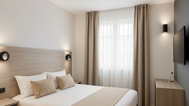 A modern hotel room with a large bed, bedside tables, a TV, and a window with curtains. - Thoiry Etoile Lodge, Sure Hotel Collection by Best Western (Thoiry)
