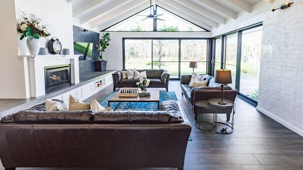 Smart TV, fireplace, books