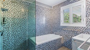 Shower, hair dryer, towels