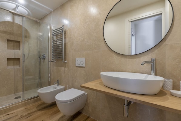 Regadera, secadora de cabello, bidet, toallas 