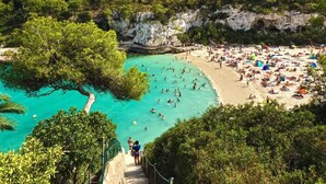 A beach with clear turquoise water, surrounded by lush greenery and rocky cliffs. - Bella Maria Apartments & Pool Club (Felanitx)