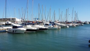 Un puerto deportivo con varios veleros amarrados.