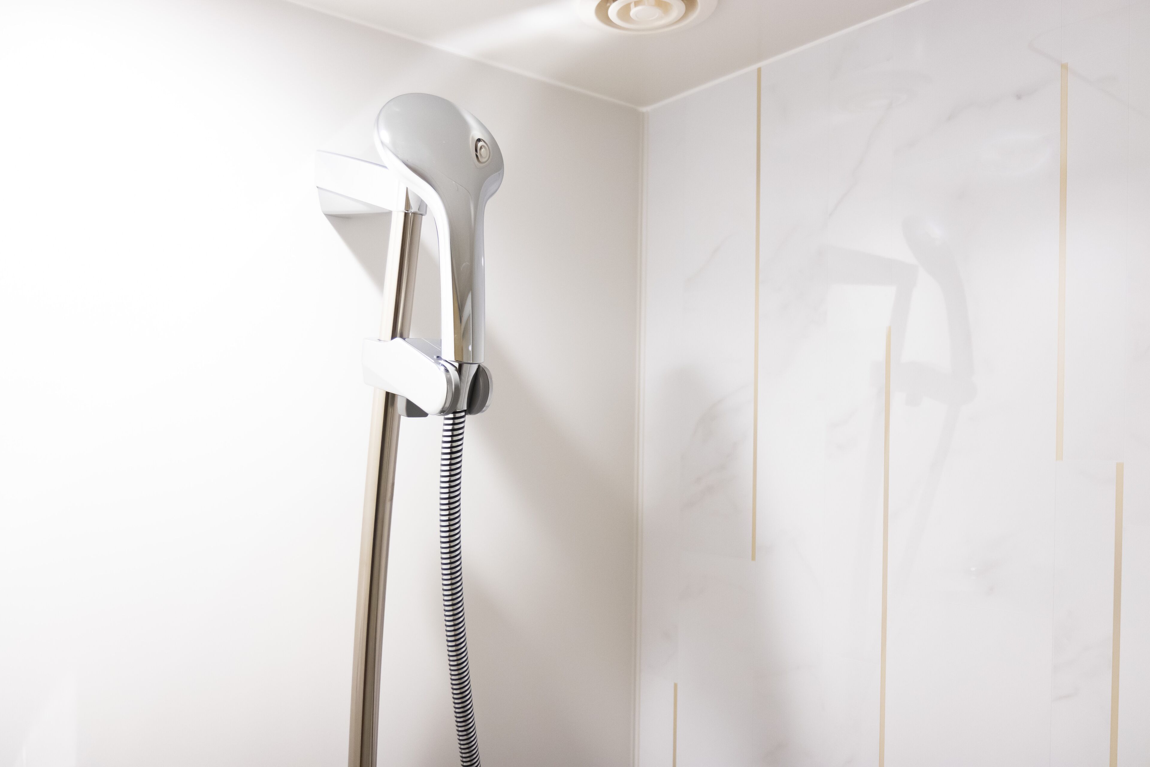 A shower with a handheld attachment and a flexible hose.