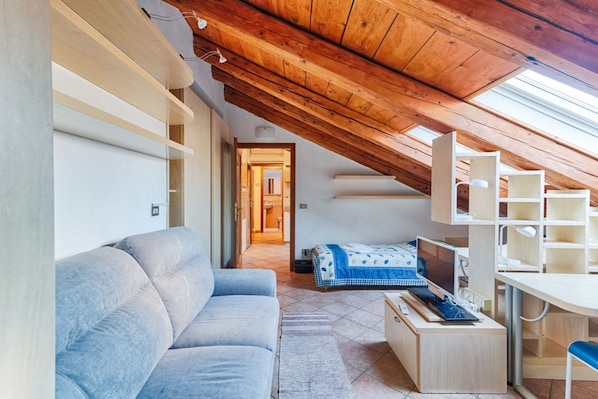 A modern loft bedroom with a sloped ceiling, a sofa, a bed, a desk, and built-in shelving.