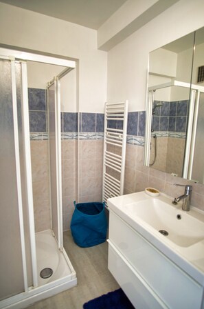Shower, hair dryer, towels