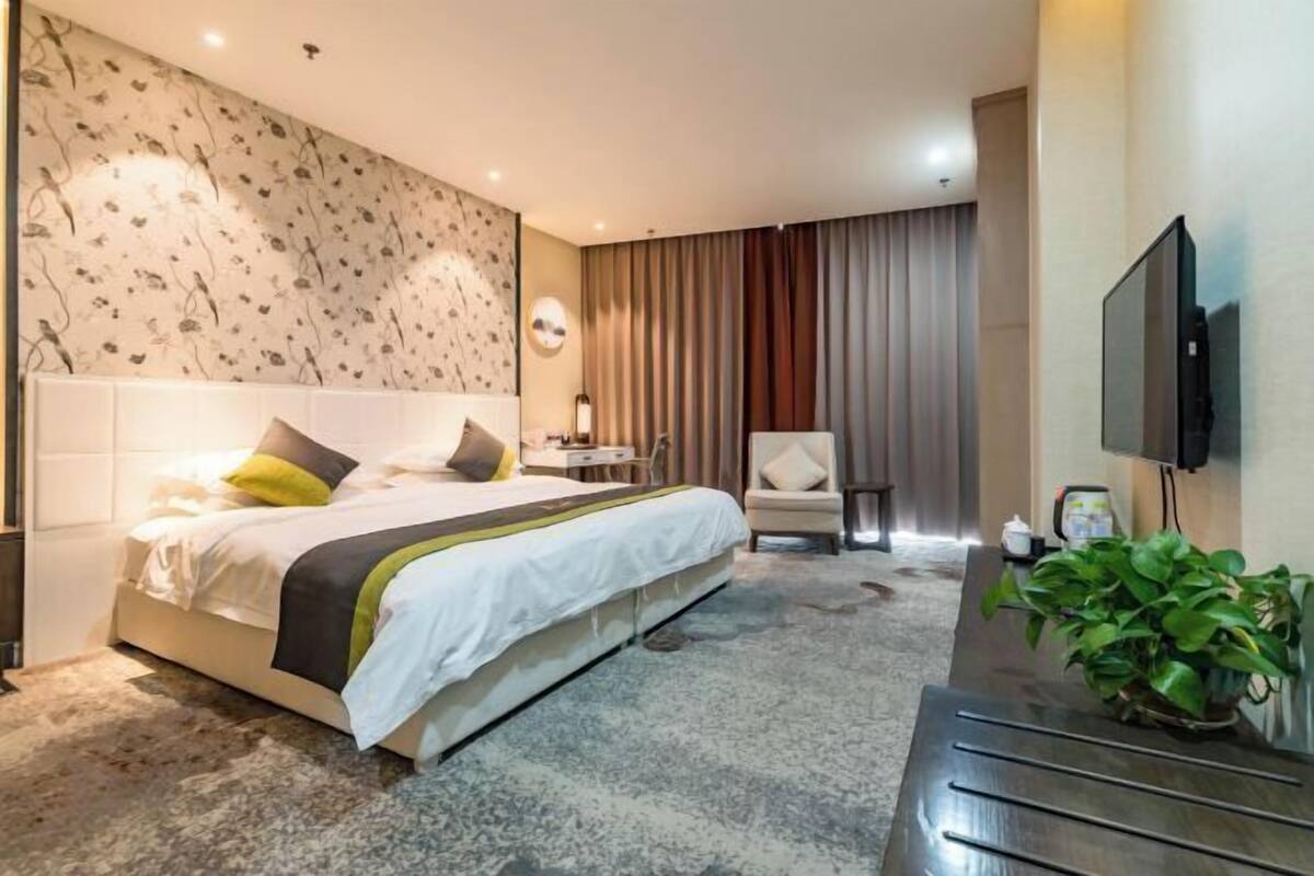 A hotel room with a bed, a desk, a chair, a TV, and a plant.