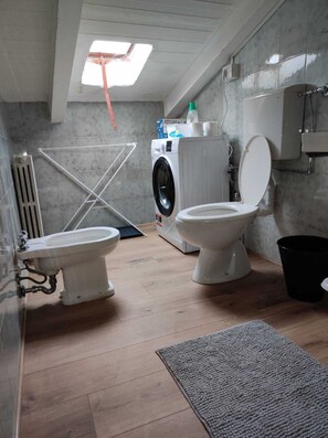 Regadera, secadora de cabello, bidet, toallas