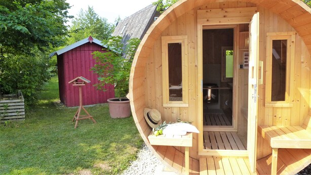 A wooden sauna with a door open, a small wooden structure in the background, and a potted plant.