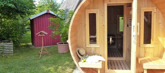 Eichhörnchen-in der Natur Zuhause-fass-sauna im Garten