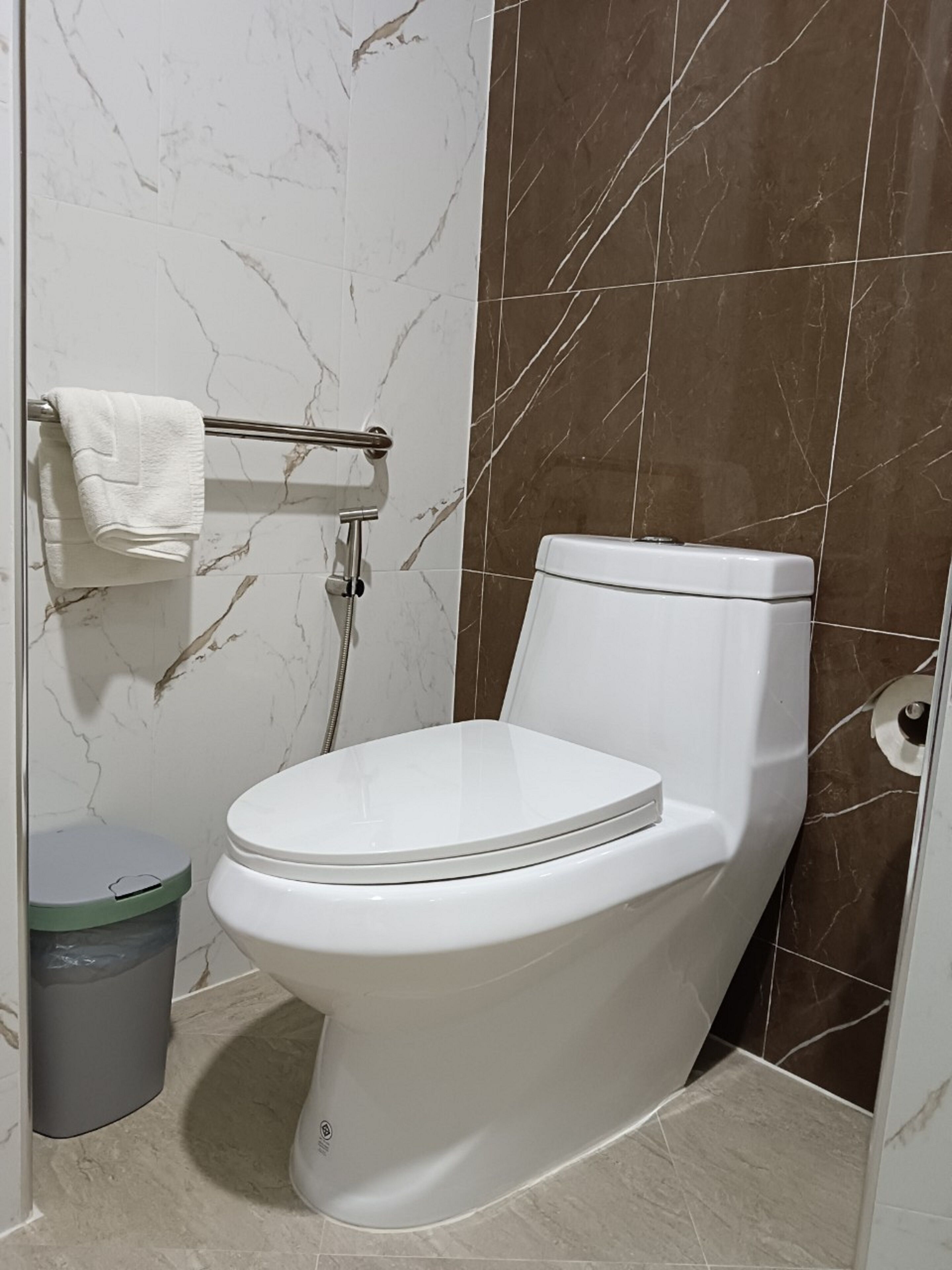 Uma casa de banho com sanita, um caixote do lixo e um porta-toalhas.