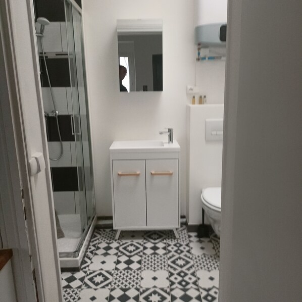 Douche, séchoir à cheveux, serviettes fournies, savon