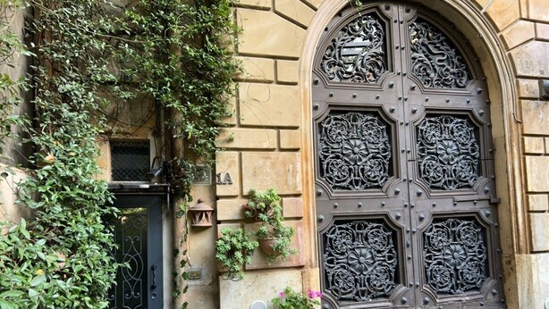 Una puerta grande y ornamentada con detalles en metal, una puerta más pequeña a la izquierda y plantas en macetas en la pared.