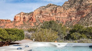A hot tub with a mountain backdrop. - Sedona`s Oceanfront Property • Spa, Views, Trails! (Sedona)