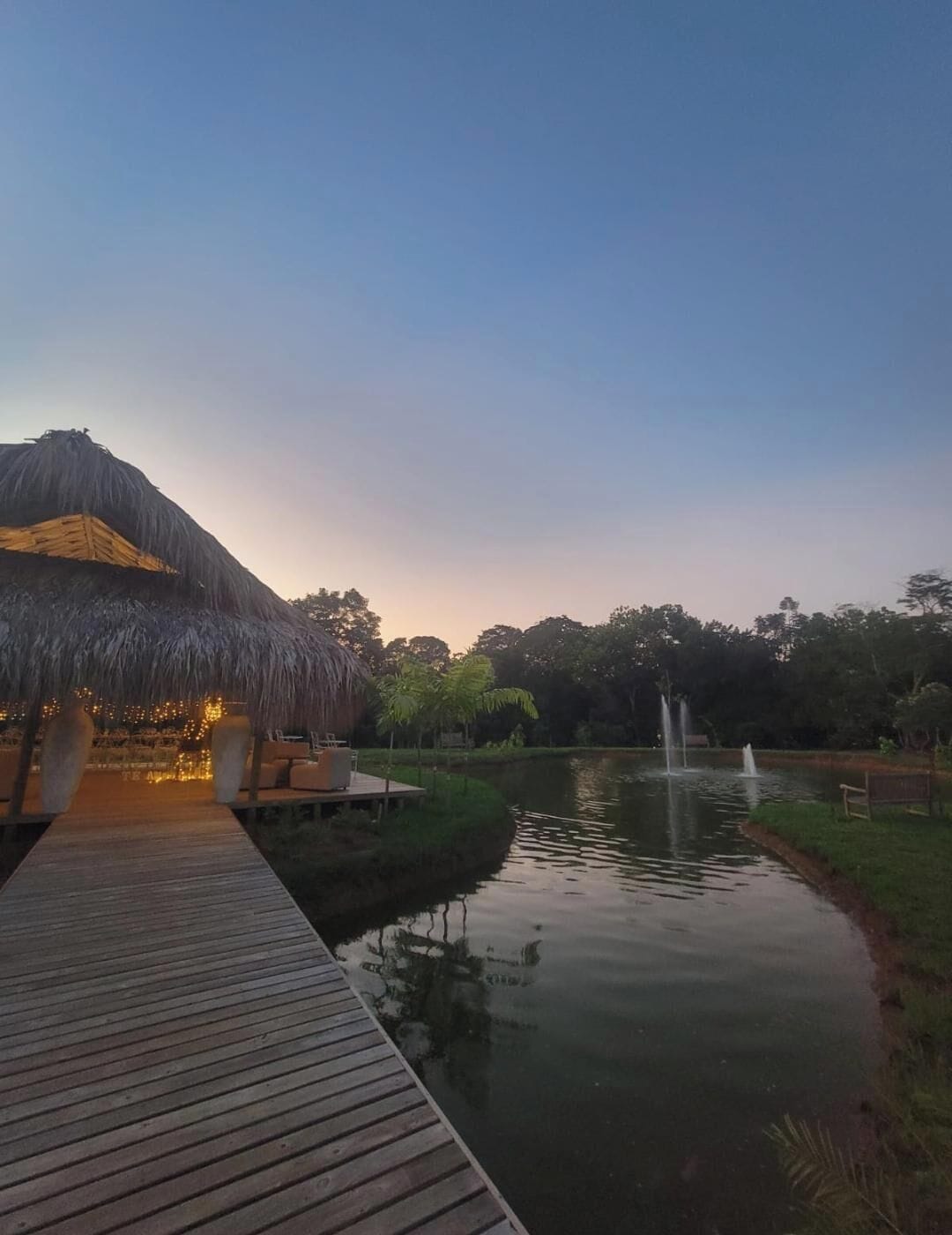 A wooden deck leading to a thatched-roof structure with outdoor seating, a pond with a fountain, and a forested background.