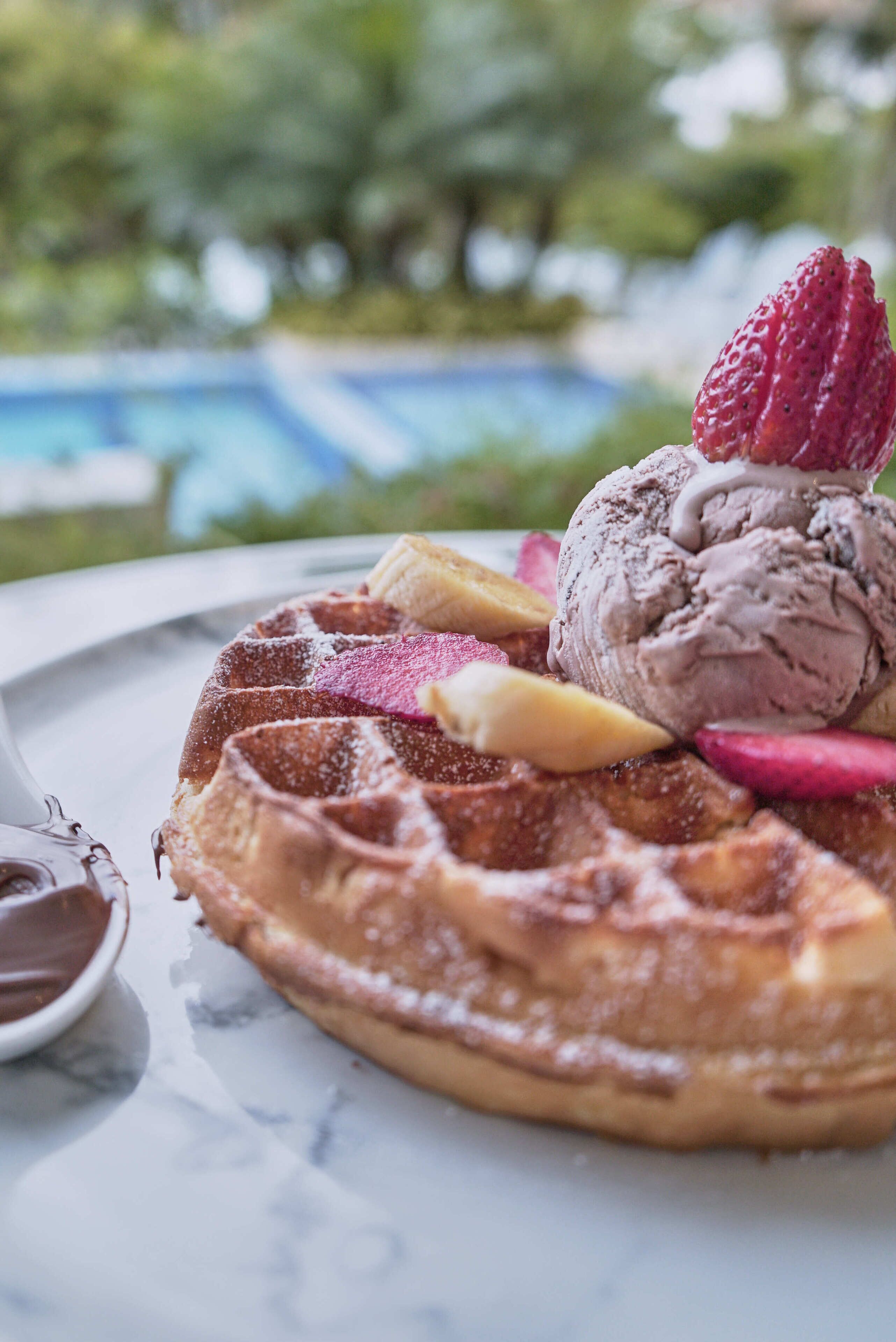 Een wafel met fruit en ijs op een bord.