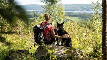 Una persona sentada sobre una roca con un perro, rodeada de vegetación y una vista de un lago y colinas.