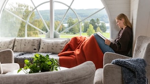 Una sala de estar acogedora con un ventanal grande, un sofá, una silla y una planta en maceta.