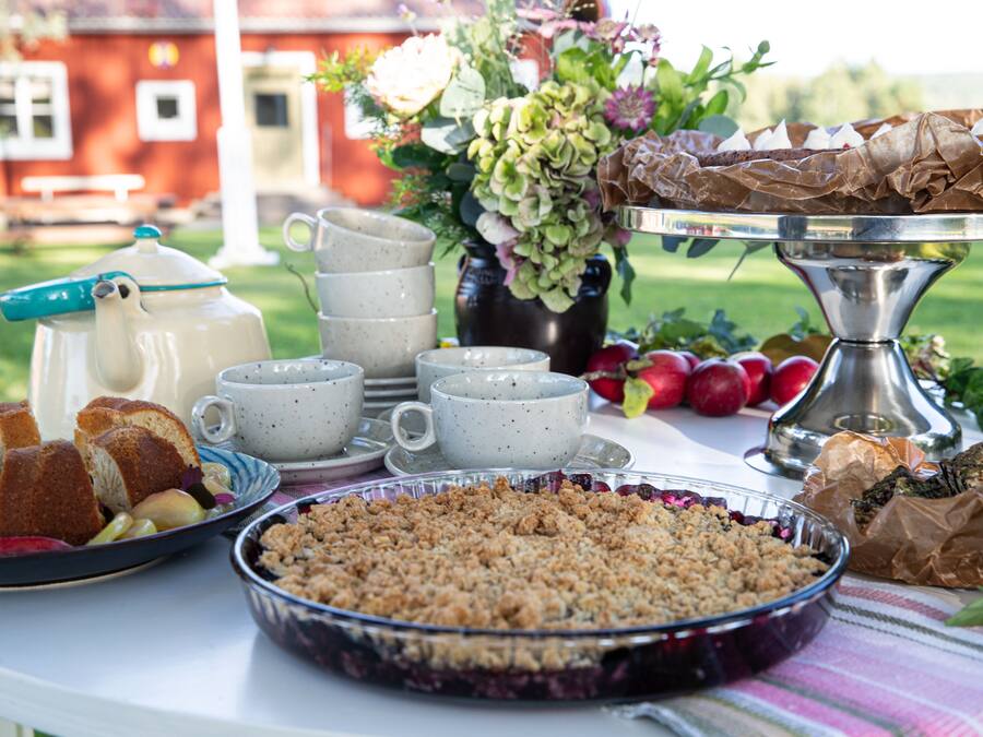 Ein Tisch mit verschiedenen Speisen, darunter ein Kuchen, Brot und eine Schüssel mit Streuseln, was auf ein Picknick oder eine Mahlzeit im Freien hindeutet.