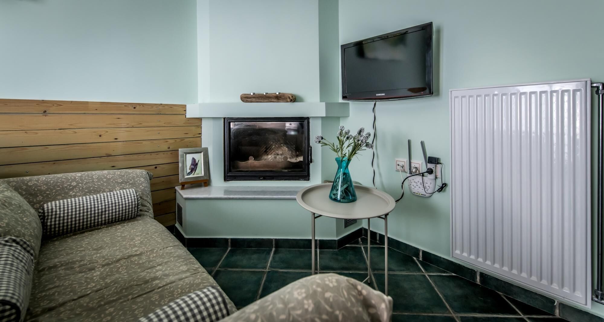 A cozy room with a sofa, a small table with a vase, a fireplace, a TV, and a radiator.