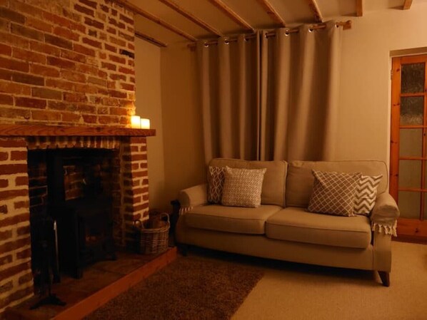 TV connectée, cheminée, livres, chaîne hi-fi