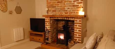 Smart TV, caminetto, libri, impianto stereo