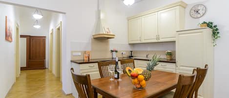 Classic Apartment | Private kitchen | Fridge, microwave, oven, stovetop