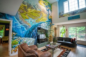 21-inch TV with digital channels, fireplace, DVD player