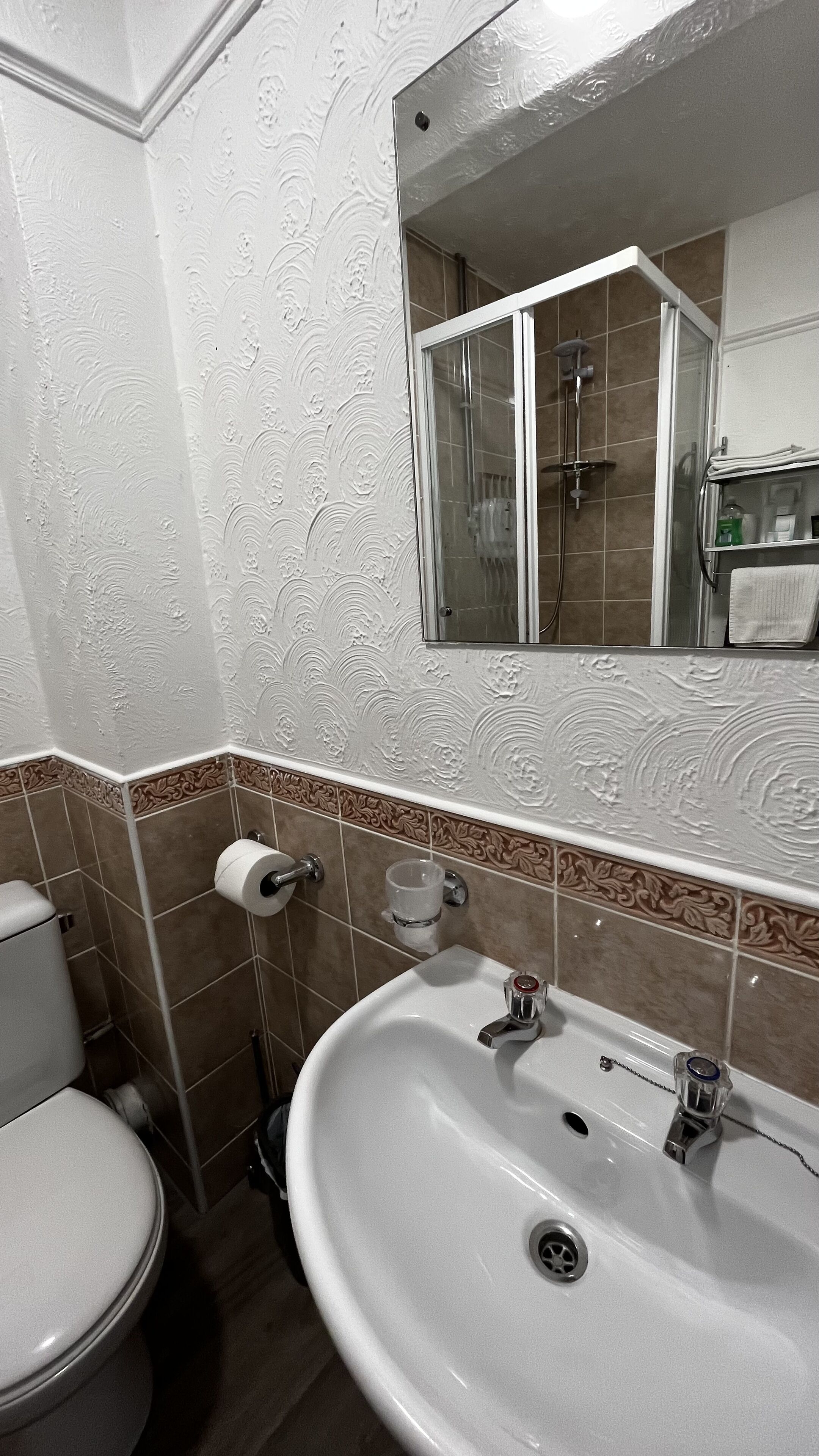 Un baño con inodoro, lavamanos y ducha.