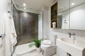 Shower, hair dryer, towels