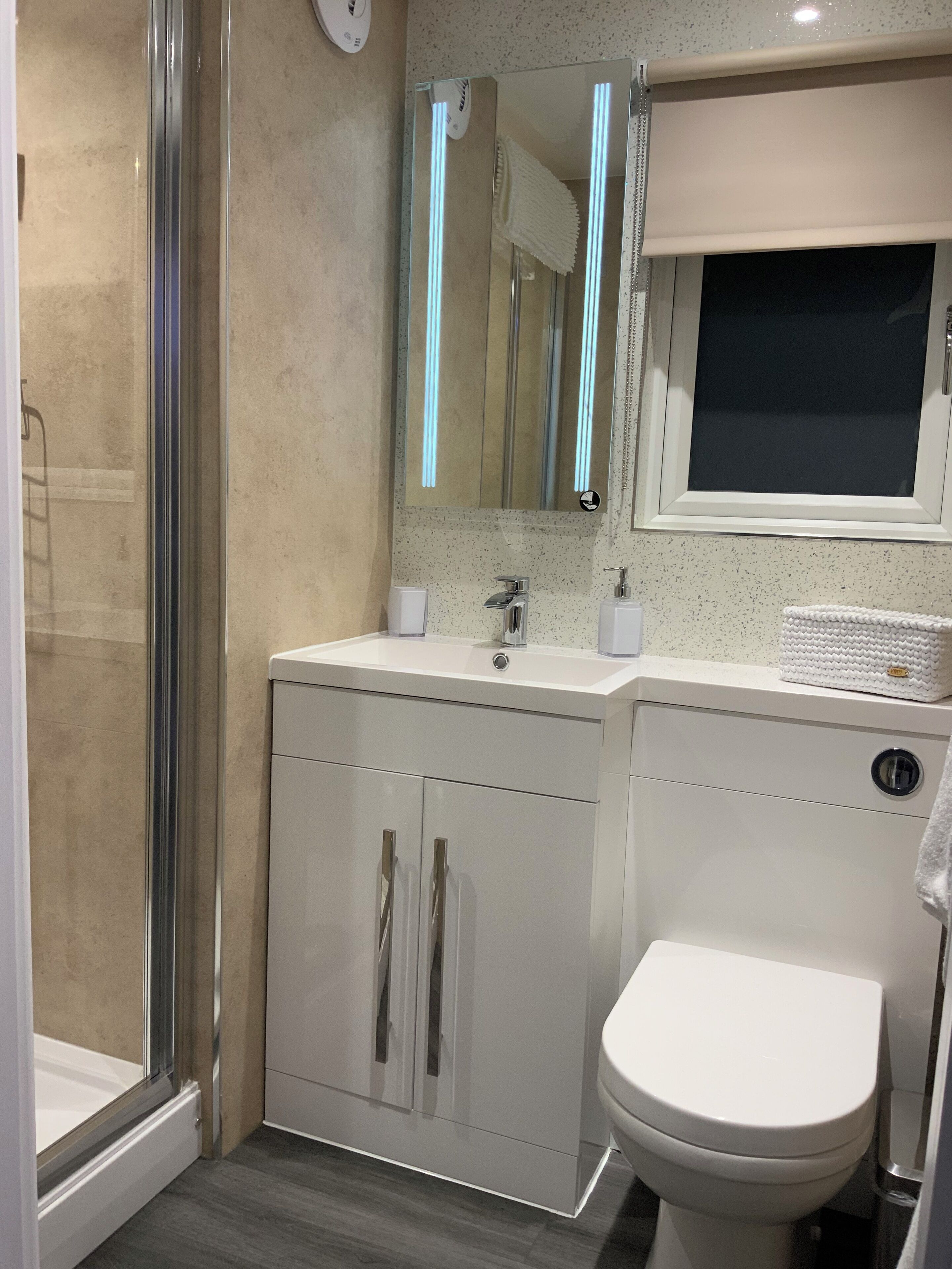 A modern bathroom with a glass shower enclosure, a white sink with a mirror above, and a toilet.