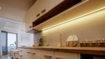 Fridge, oven, stovetop, coffee/tea maker