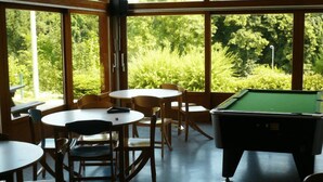A room with a pool table, several chairs, and large windows offering a view of greenery.
