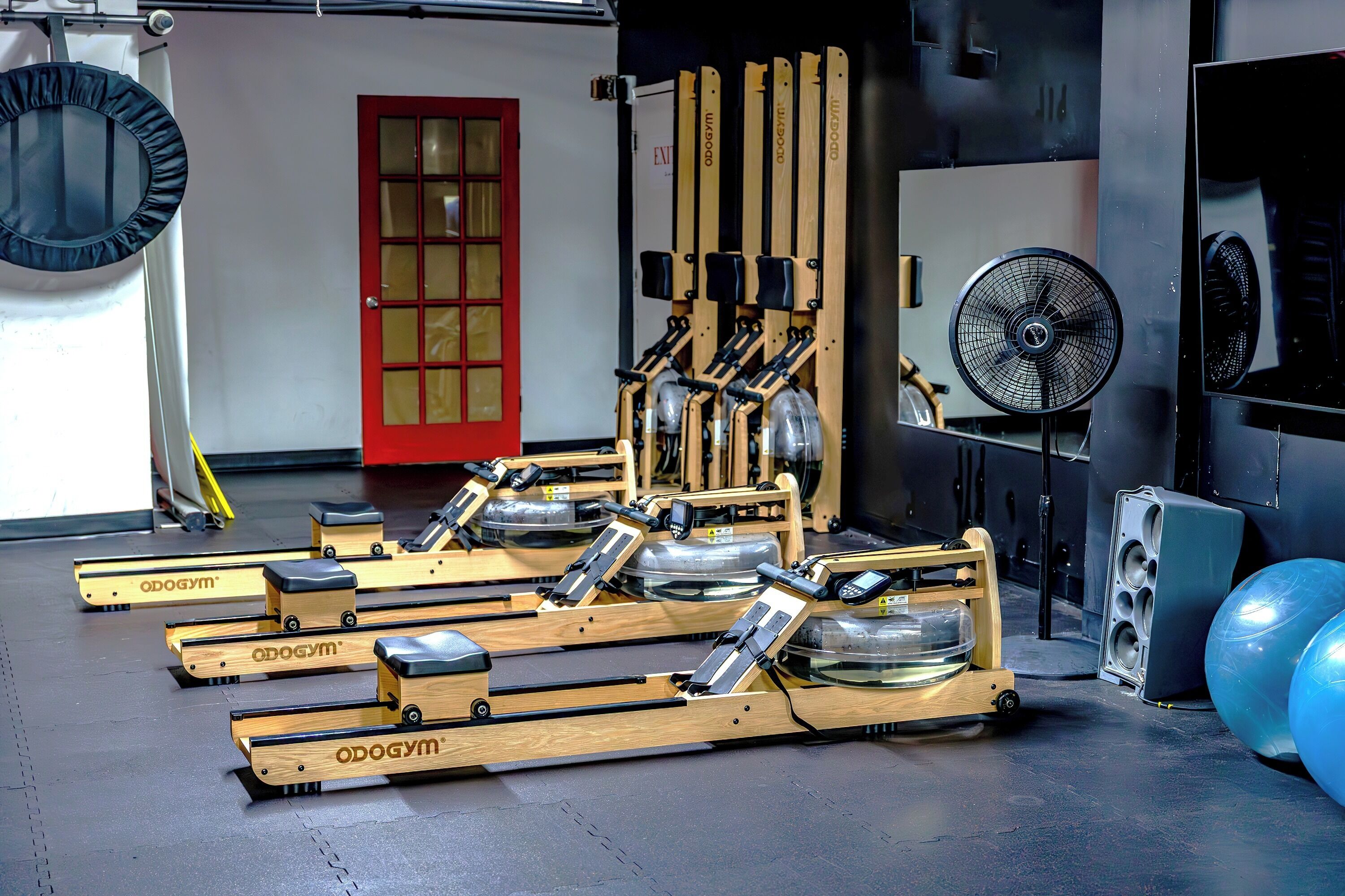 A gym with rowing machines, a red door, and exercise balls.