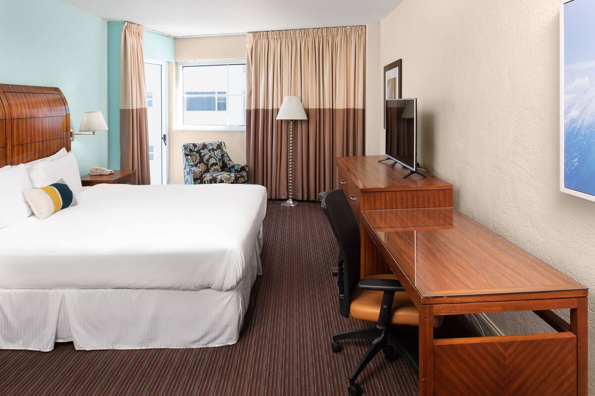 A hotel room with a bed, desk, chair, lamp, television, and a view of the outdoors.