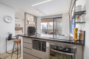 Apartment | Private kitchen | Fridge, microwave, cookware/dishes/utensils