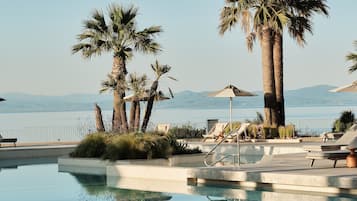 Seasonal outdoor pool, pool umbrellas, pool loungers