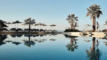 Seasonal outdoor pool, pool umbrellas, pool loungers