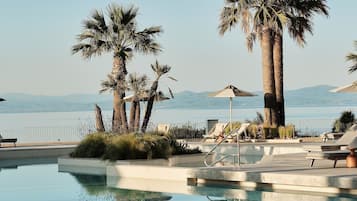 Seasonal outdoor pool, pool umbrellas, sun loungers