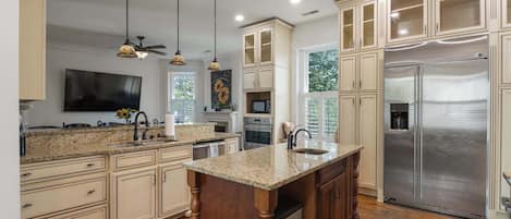 Fridge, microwave, oven, cookware/dishes/utensils