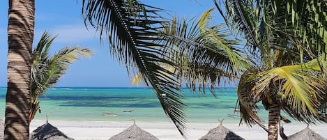 On the beach, sun loungers, beach towels