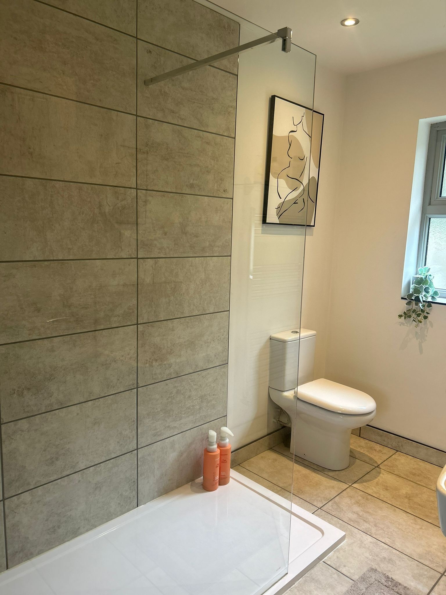 A modern bathroom with a glass shower enclosure, a toilet, and a sink.