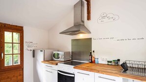 Een kleine keuken met witte kastjes, een magnetron en een houten aanrecht. Er hangen briefjes aan de muur en een raam met uitzicht op groen.