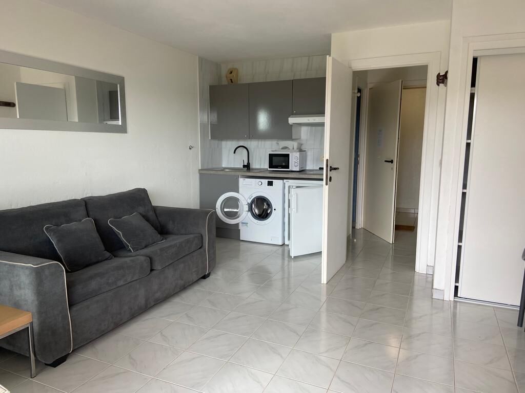 A compact living space with a grey sofa, a washing machine, a microwave, and a small kitchen area.