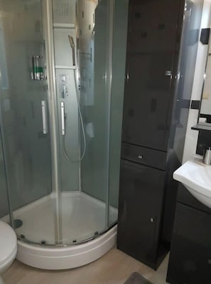 Shower, hair dryer, soap, shampoo