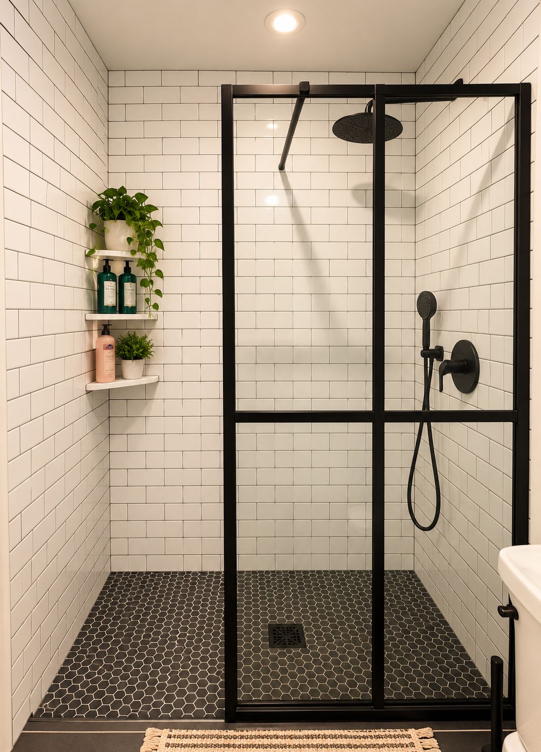 A shower area with a glass door, white tiled walls, and a black floor.