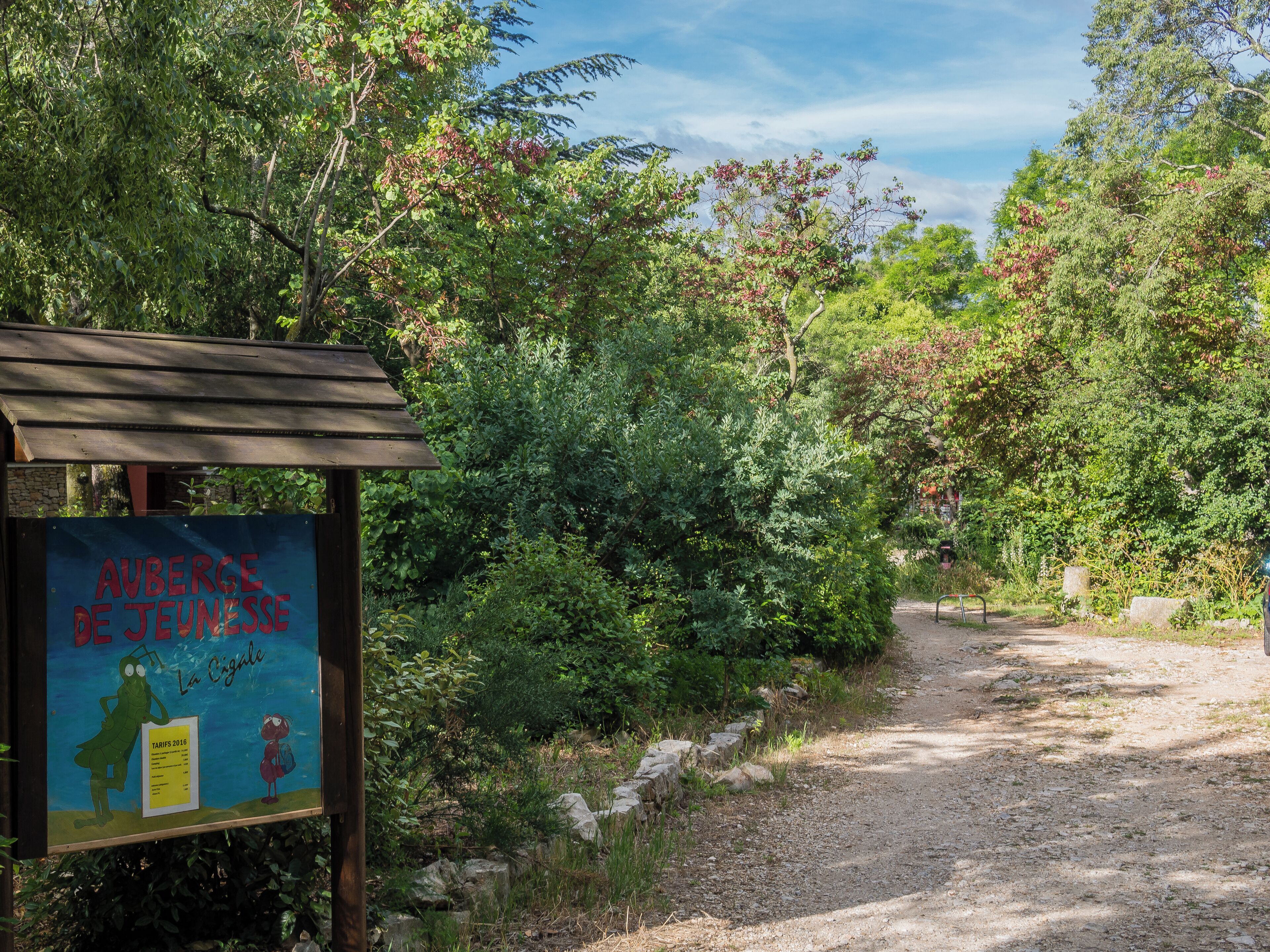 A signboard with text and a list, surrounded by dense greenery and a gravel path.