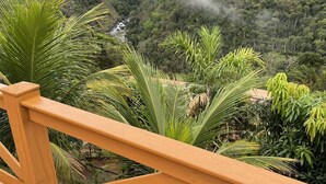 Um deck de madeira com vista para um vale verdejante e um rio.